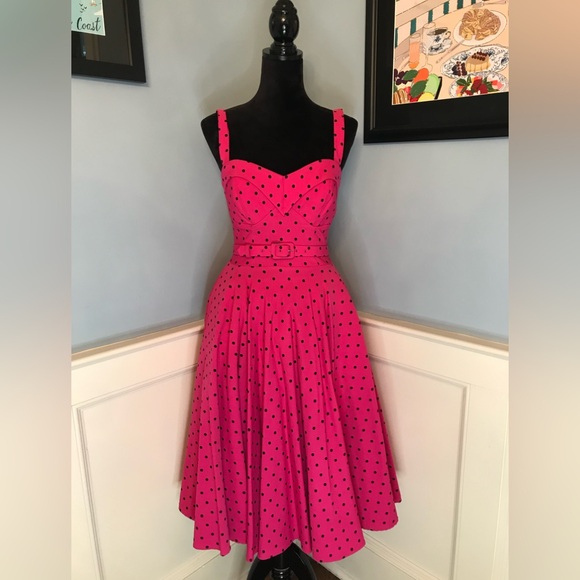 Vixen by Micheline Pitt Hot Pink Polka Dot Maneater Swing Dress Sz M - Picture 2 of 8